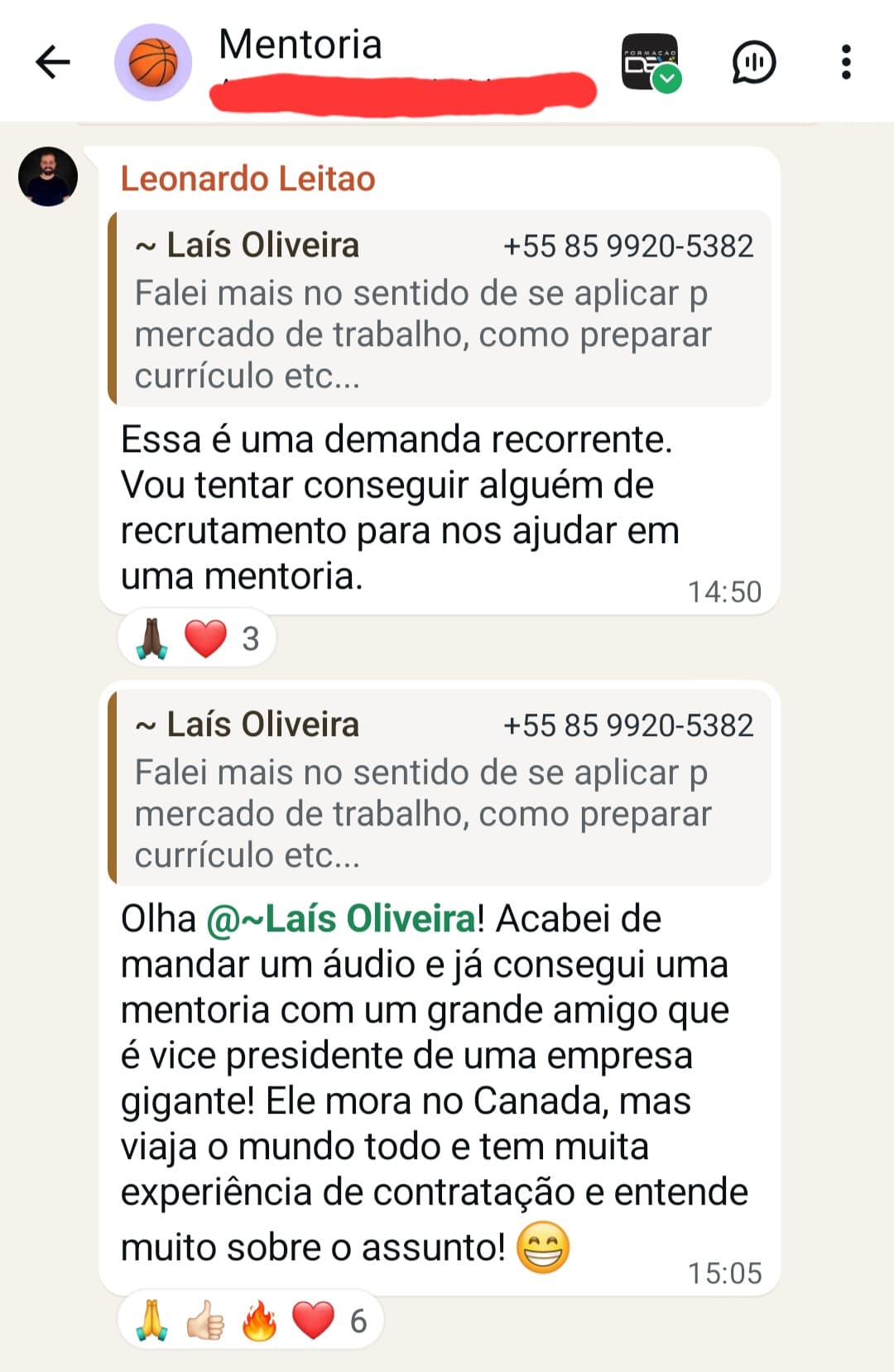Conversa de WhatsApp da Formação